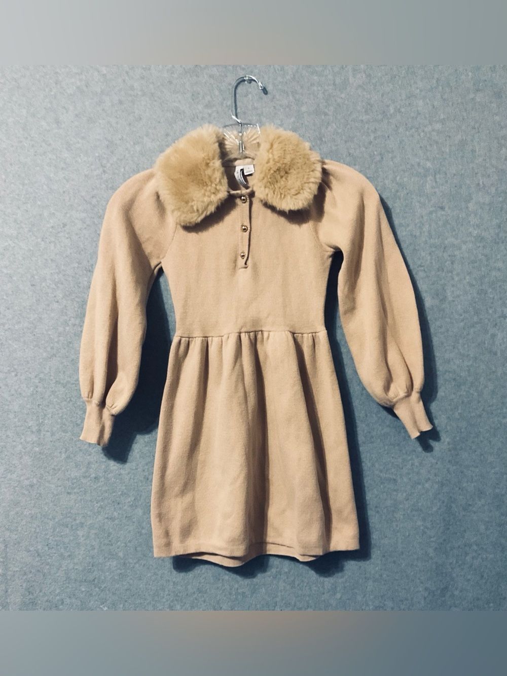 Janie and Jack Camel Knitted Dress with Faux Fur Collar Sz 7